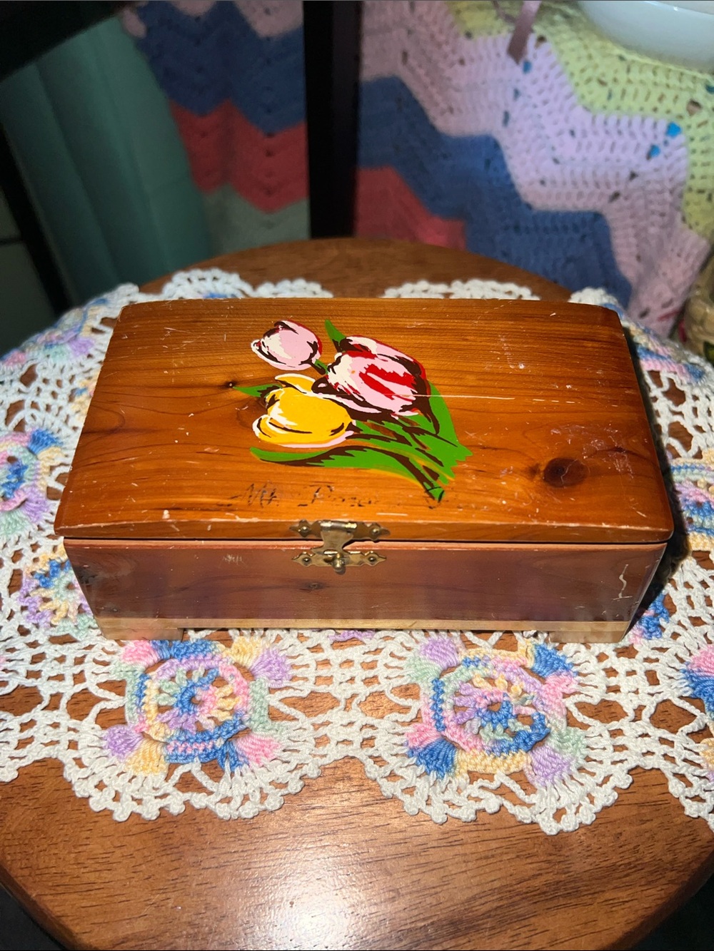 Hand-Painted Wooden Keepsake Box with Tulip Design